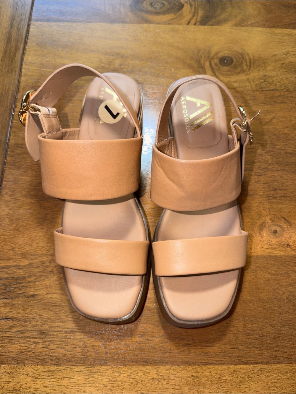 AEROSOLES Nude/Tan Wide-Strap Leather Sandals with Ankle Buckle